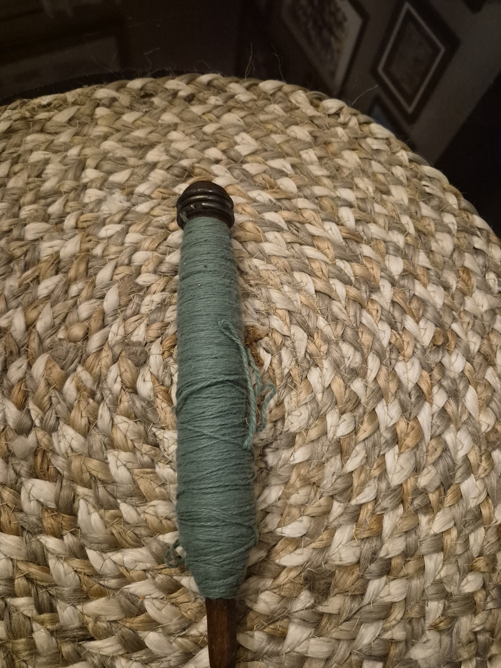 Vintage wooden spool Handspun Spindle with Teal thread